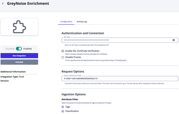 GreyNoise Enrichment Configuration Screen