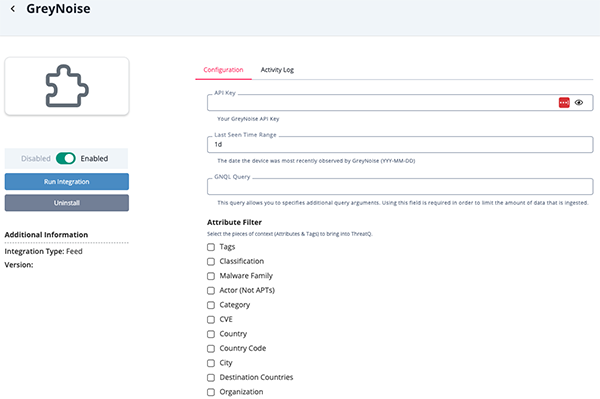 GreyNoise Configuration Screen