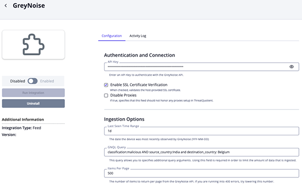 GreyNoise Configuration Screen