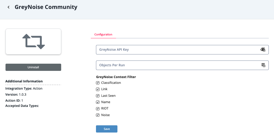 GreyNoise Community Action Configuration Screen