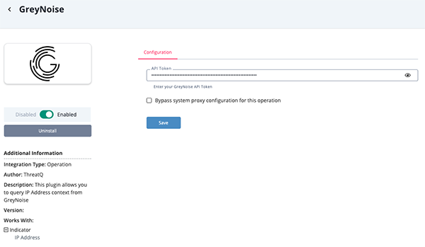 GreyNoise Operation Configuration Screen