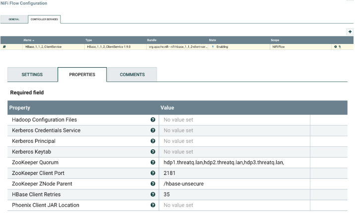 NiFi Flow Configuration Screen