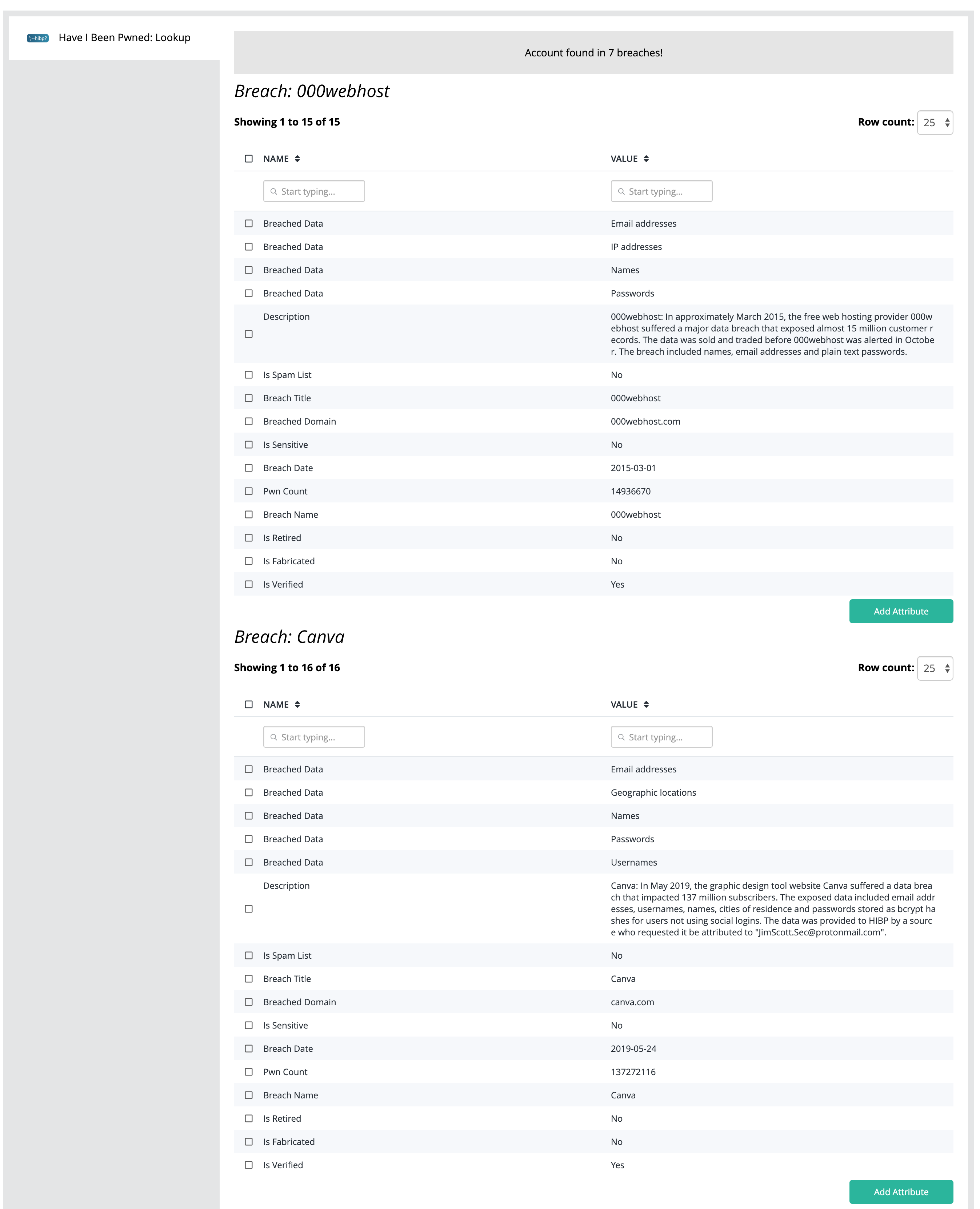 Lookup Action Example Result