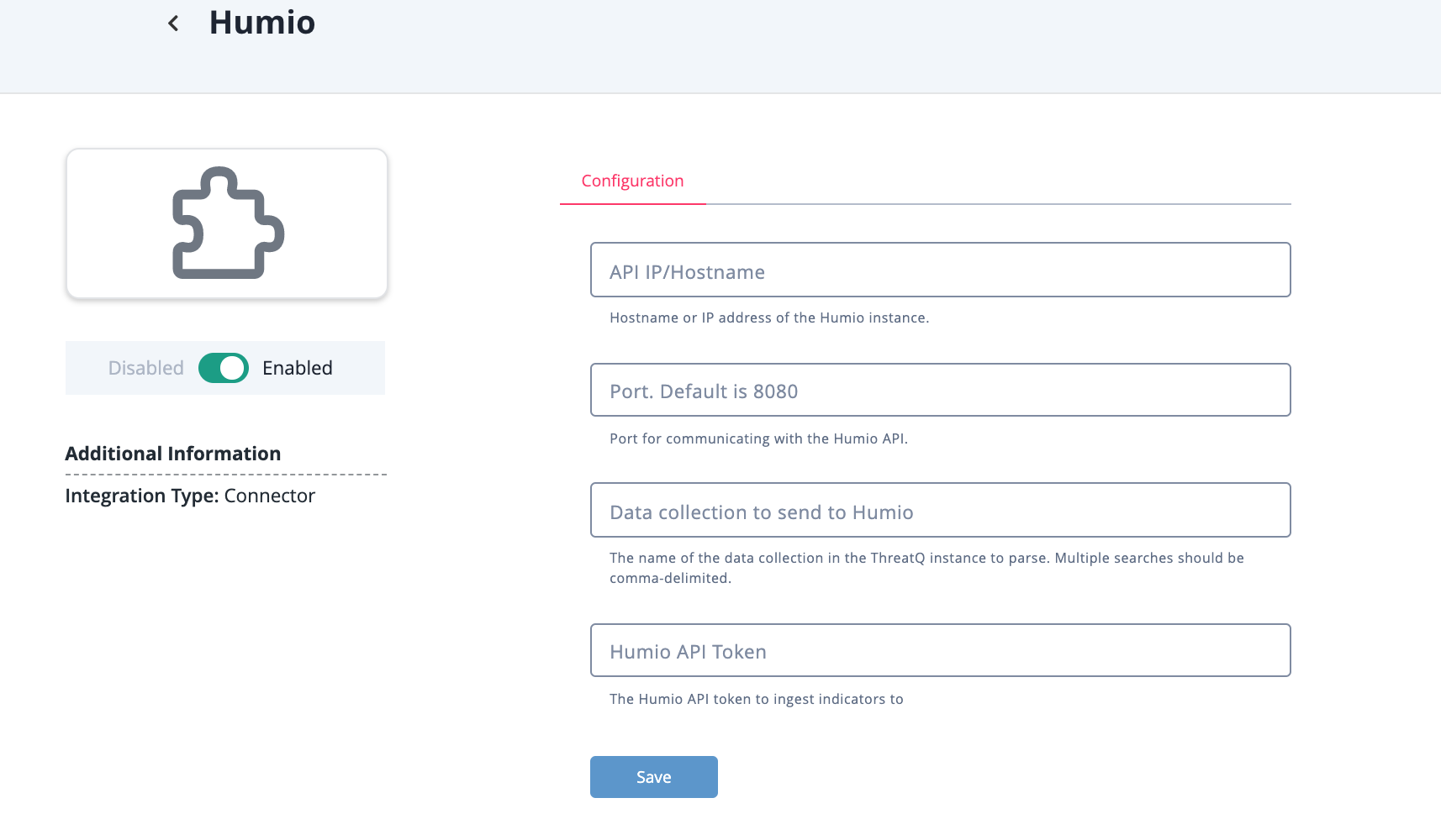 Humio Configuration Screen