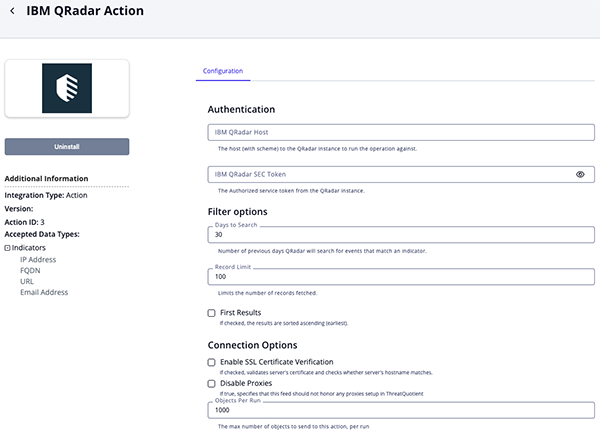 IBM QRadar Action Configuration Screen