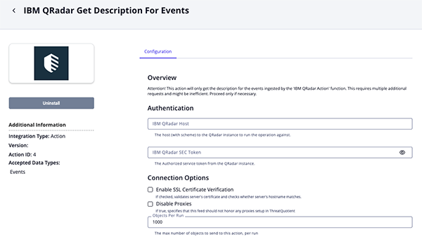 IBM QRadar Get Description for Events Action Configuration Screen
