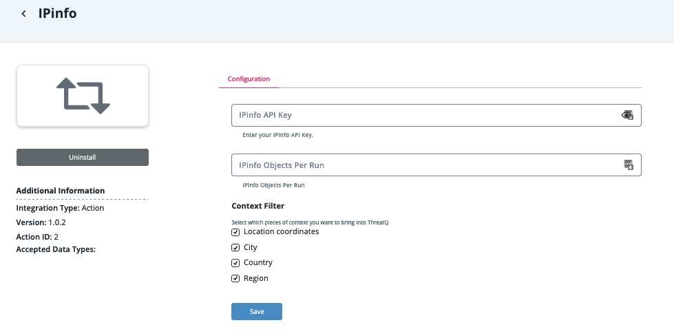 IPInfo Action Configuration Screen