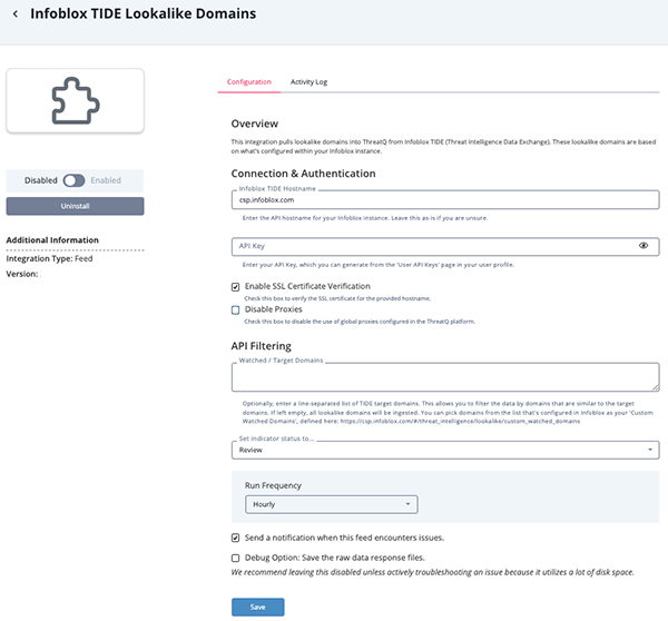 TIDE Lookalike Domains Configuration Screen