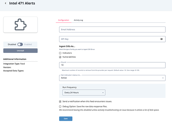 Intel 471 Alerts Configuration Screen