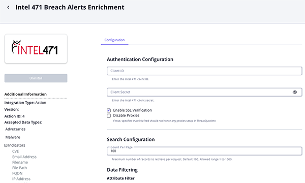 Breach Alerts Enrichment Configuration Screen