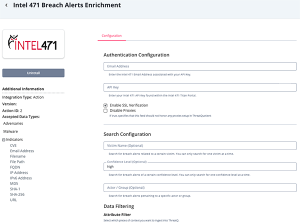 Breach Alerts Enrichment Configuration Screen