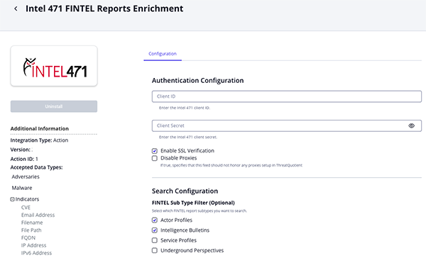 FINTEL Reports Enrichment Configuration Screen