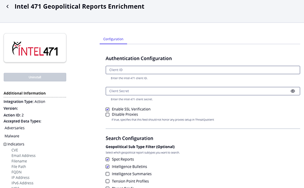 Geopolitical Reports Enrichment Configuration Screen