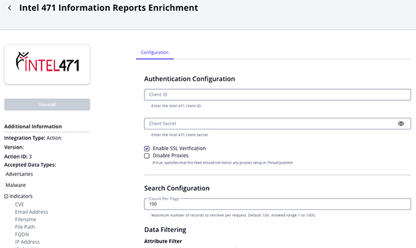 Information Reports Enrichment Configuration Screen