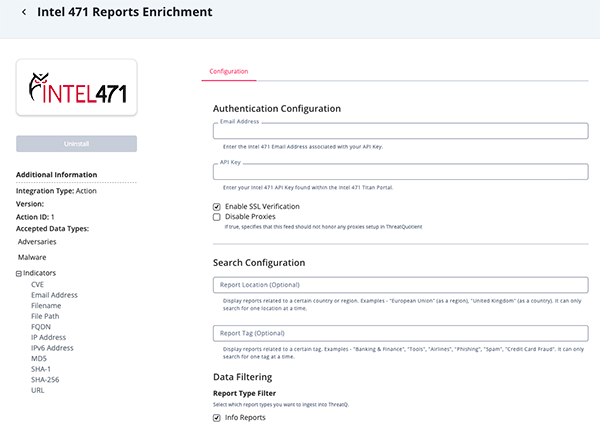 Reports Enrichment Configuration Screen