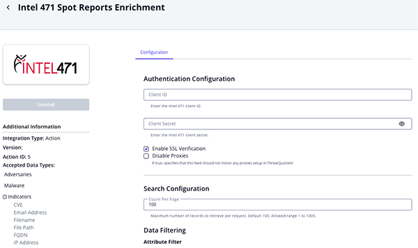 Spot Reports Enrichment Configuration Screen