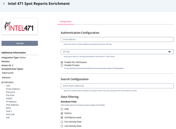 Spot Reports Enrichment Configuration Screen