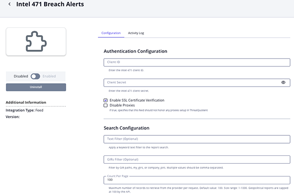 Breach Alerts Configuration Screen