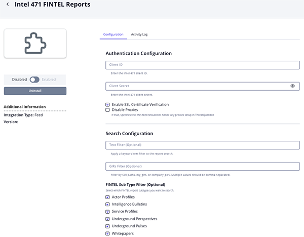 FINTEL Reports Configuration Screen