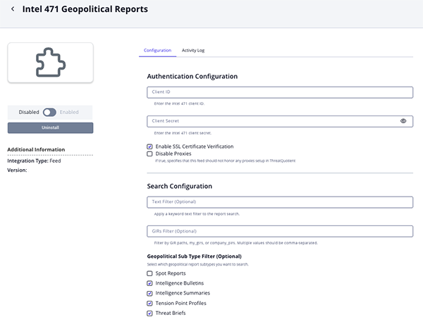 Geopolitical Reports Configuration Screen