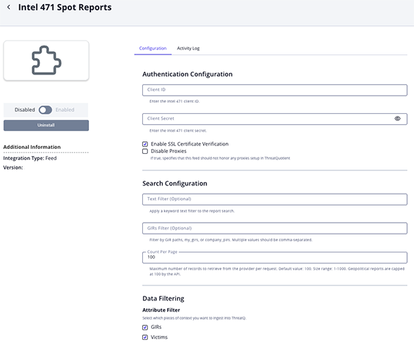 Spot Reports Configuration Screen