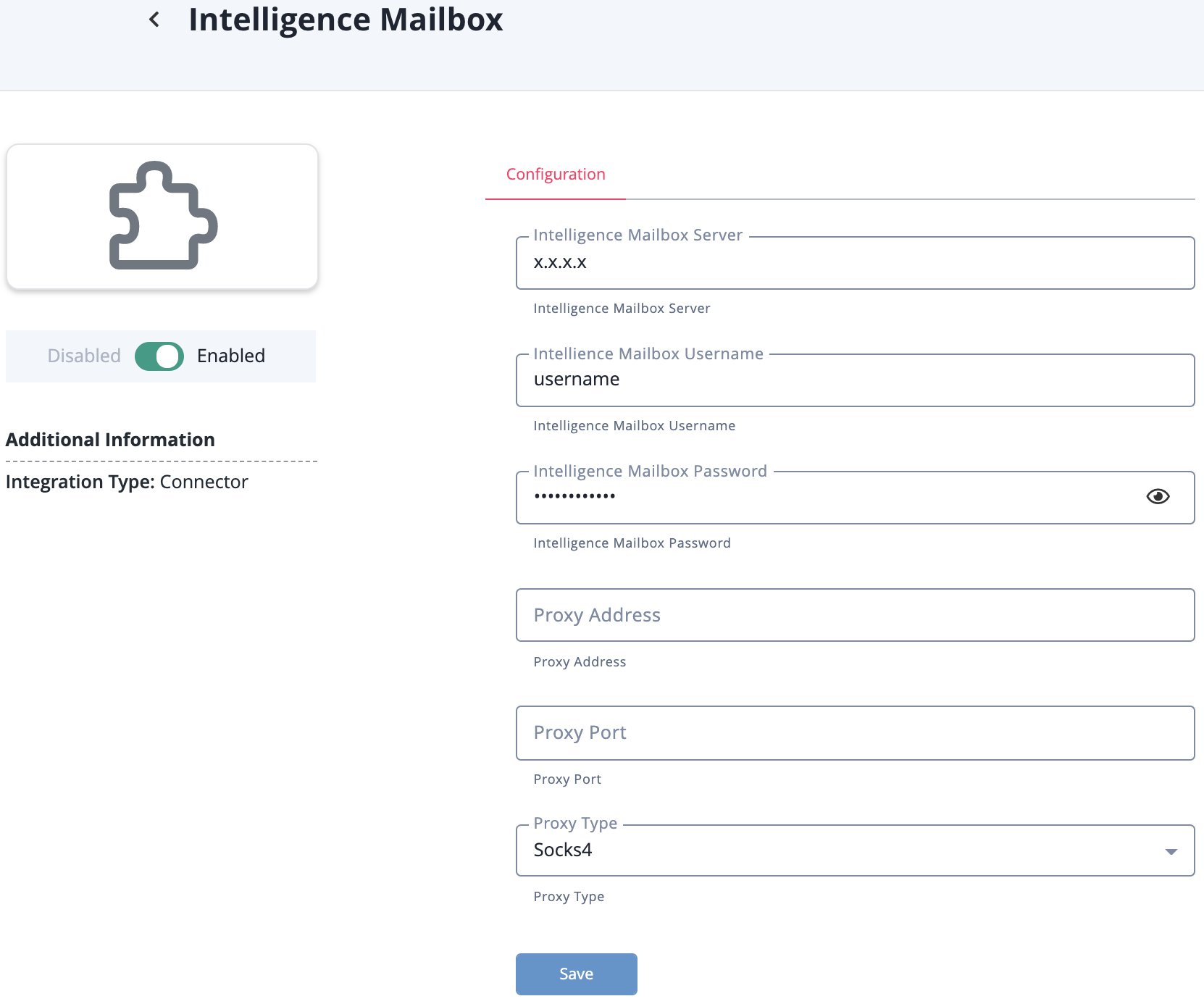 Intelligence Mailbox Reports Configuration Screen