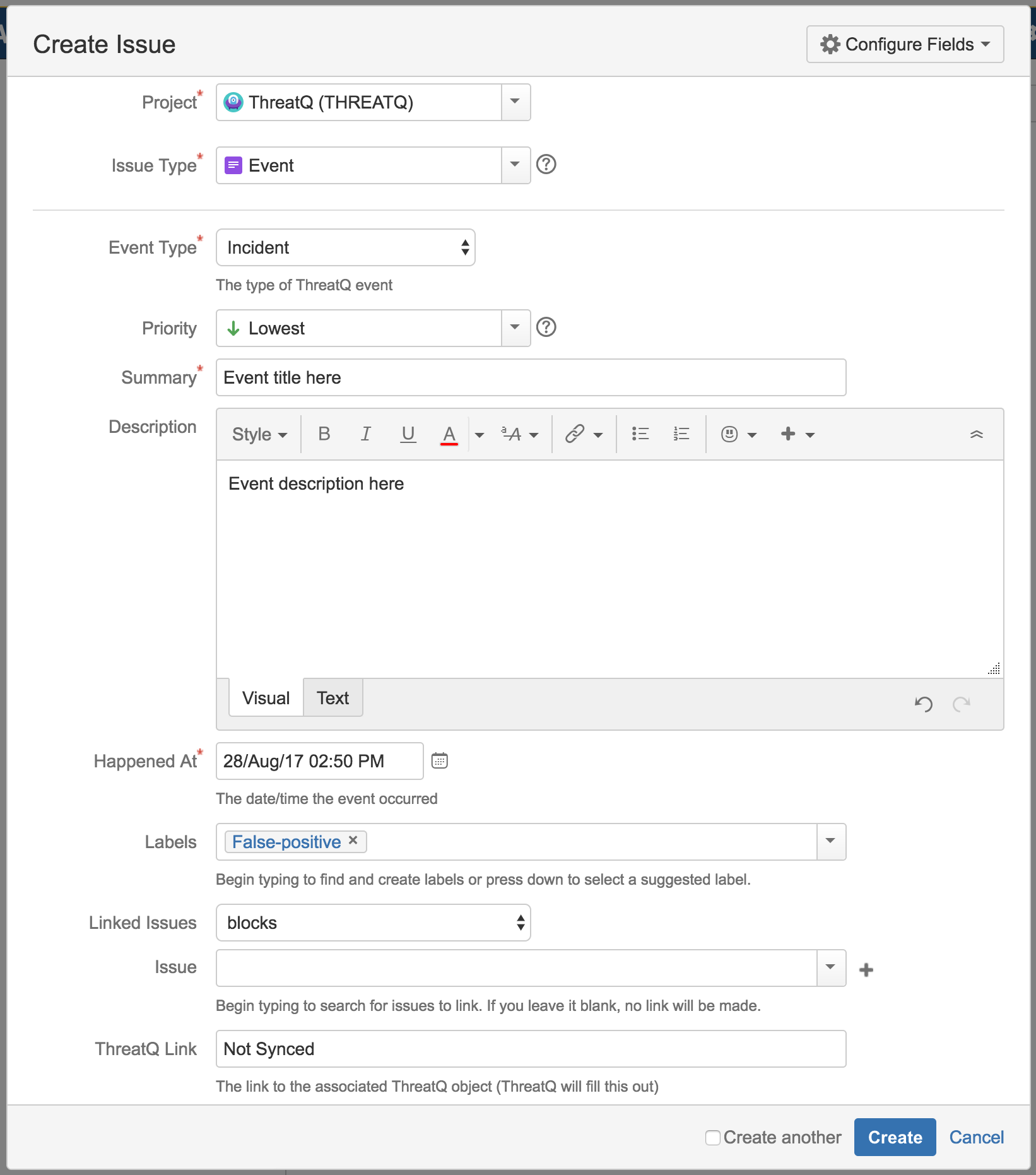 Create Issue Screen - Create Events