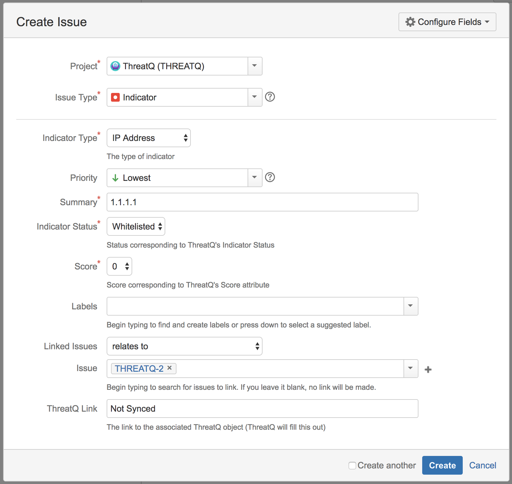 Create Issue Screen - Create Indicators