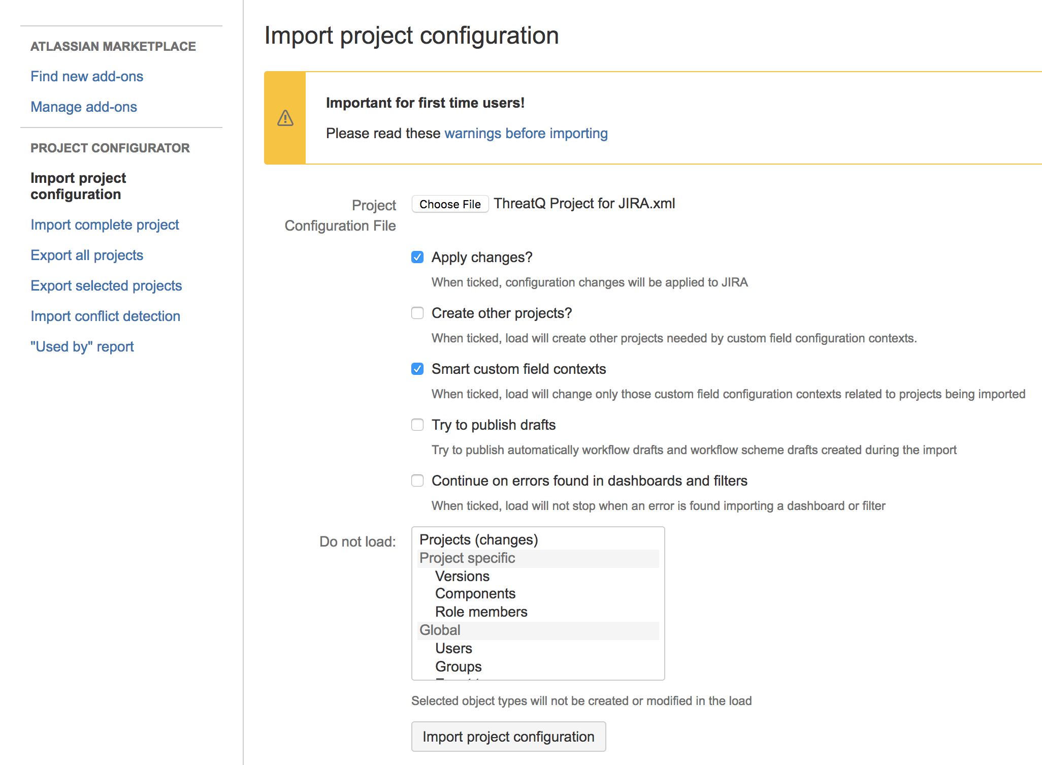 Import Project Configuration Screen