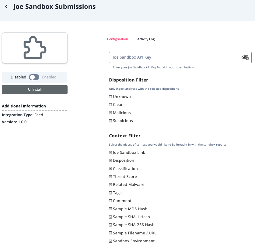 Joe Sandbox Configuration Screen
