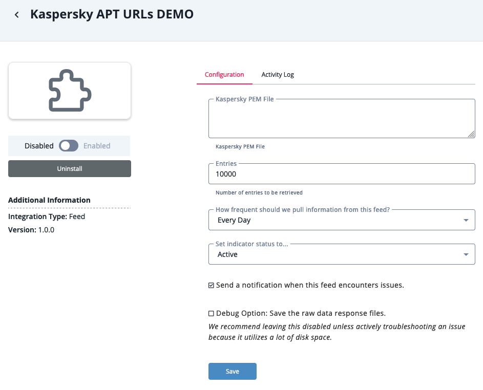 Kaspersky APT DEMO Configuration Screen