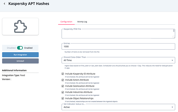 APT Hashes Configuration Screen