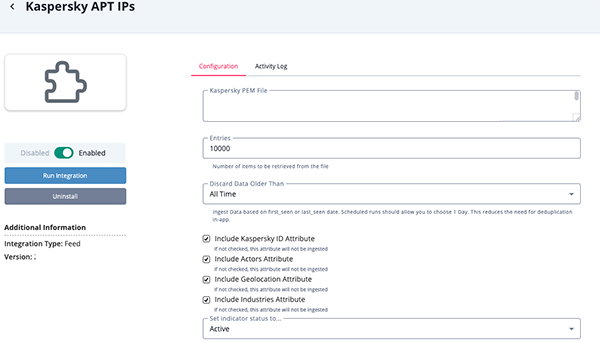 APT IPs Configuration Screen