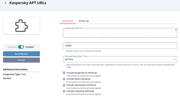 APT URLs Configuration Screen