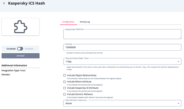 ICS Hash Configuration Screen