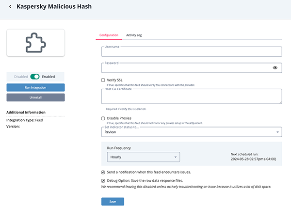 Malicious Hash Configuration Screen