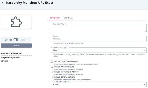 Malicious URL Exact Configuration Screen