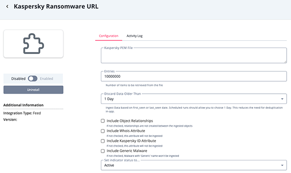 Ransomware URL Configuration Screen