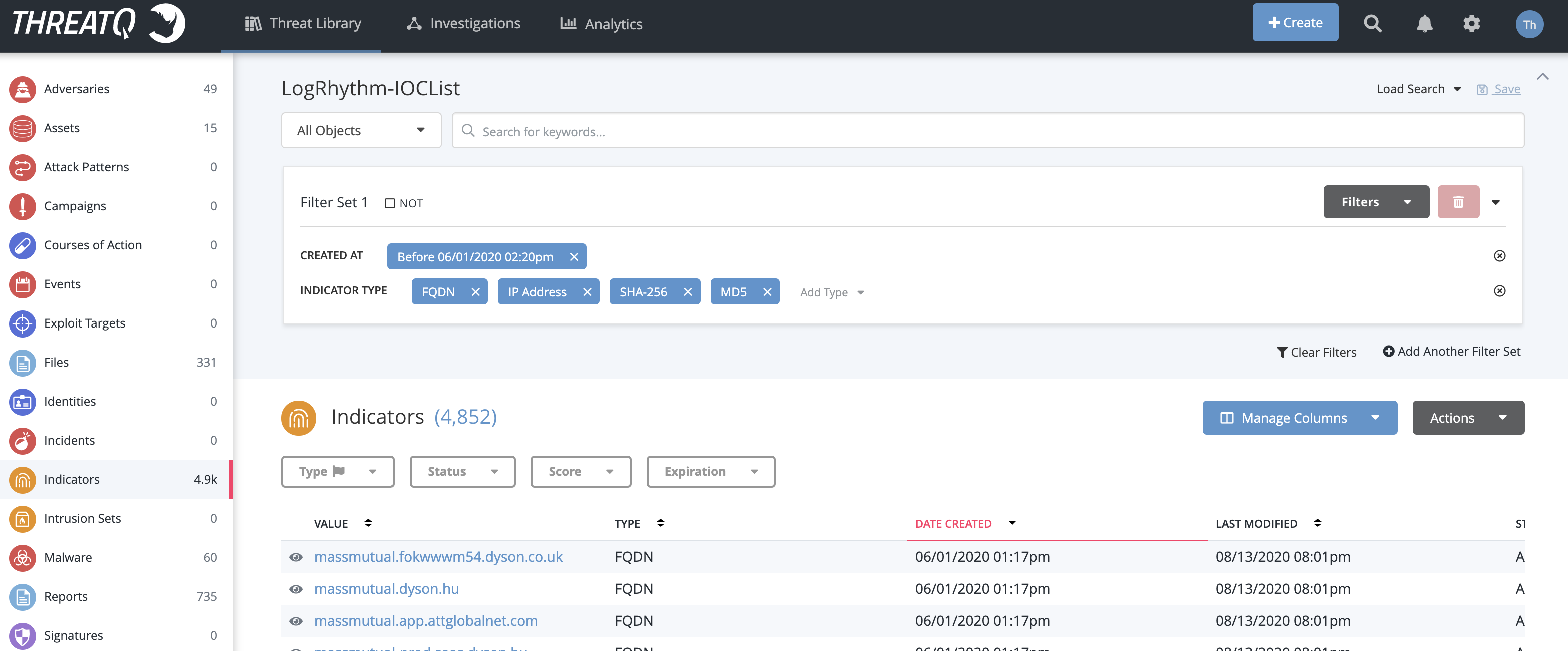 ThreatQ Data Collection LogRhythm-IOCList example