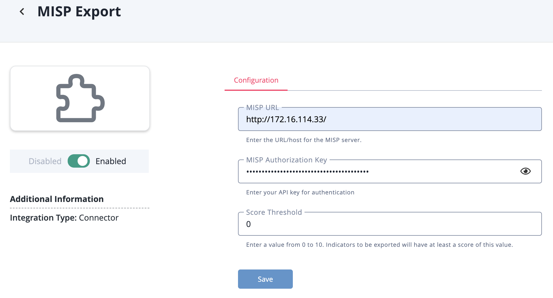 MISP Export Configuration Screen
