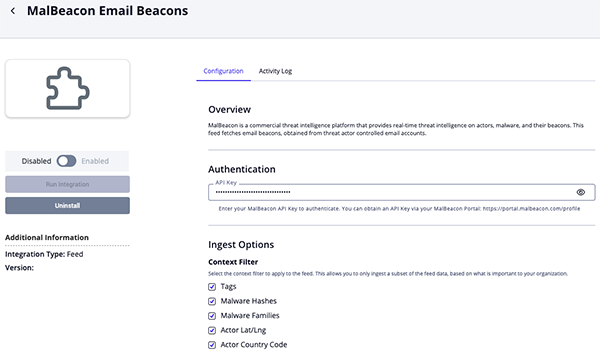 Email Beacons Configuration Screen