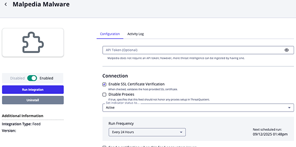 Malpedia Configuration Screen
