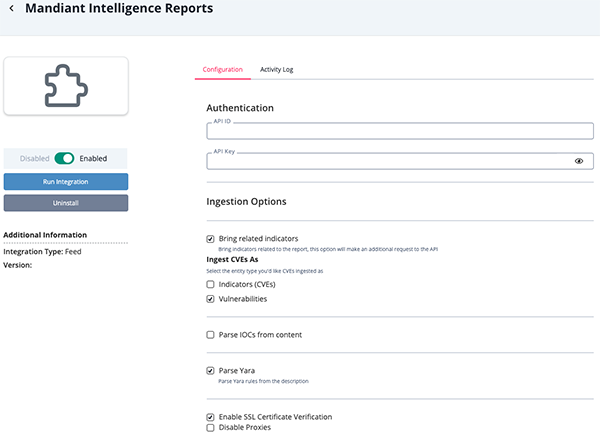 Mandiant Intelligence Reports Configuration Screen