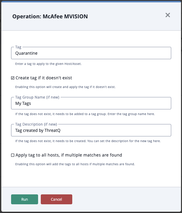Add Tag Parameters screen
