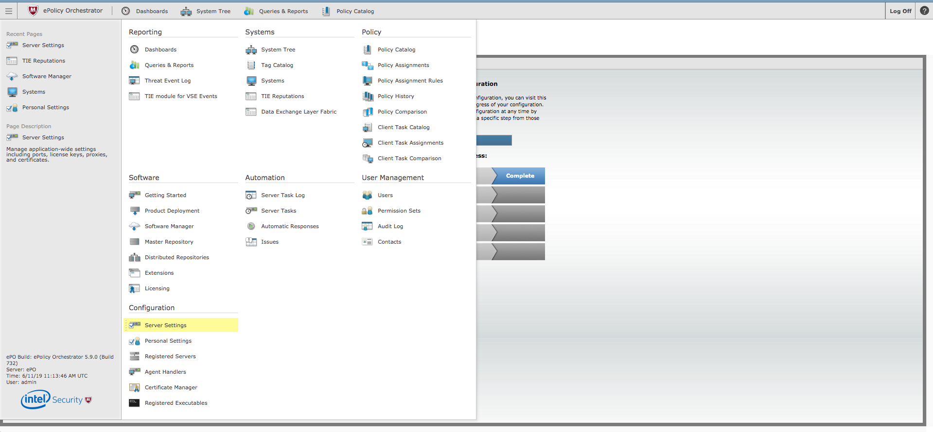ePO Select Server Screen
