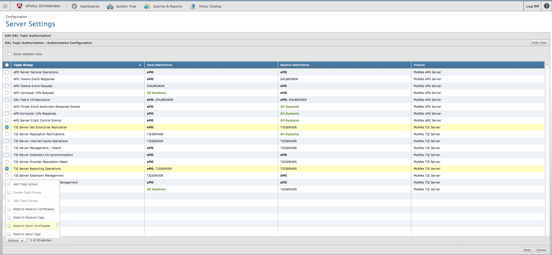 Select Restrict Send Certificates action