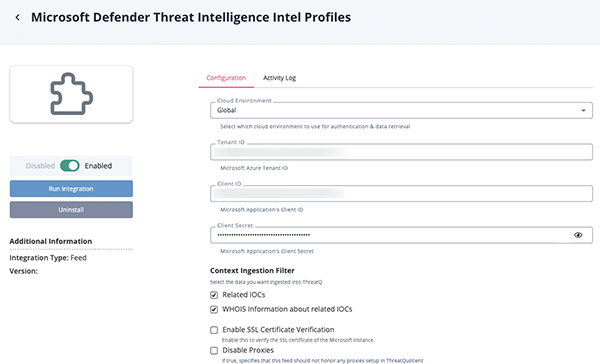Intel Profiles Configuration Screen