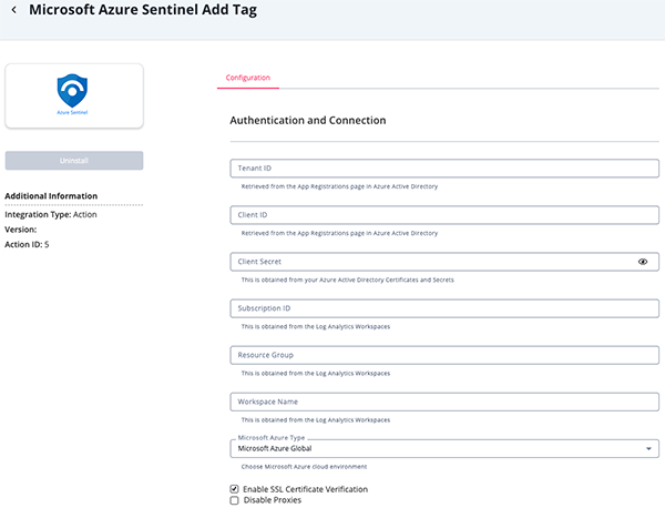 Add Tag Action Configuration Screen