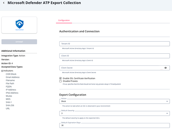 ATP Export Collection Action Configuration Screen