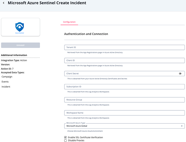 Create Incident Action Configuration Screen